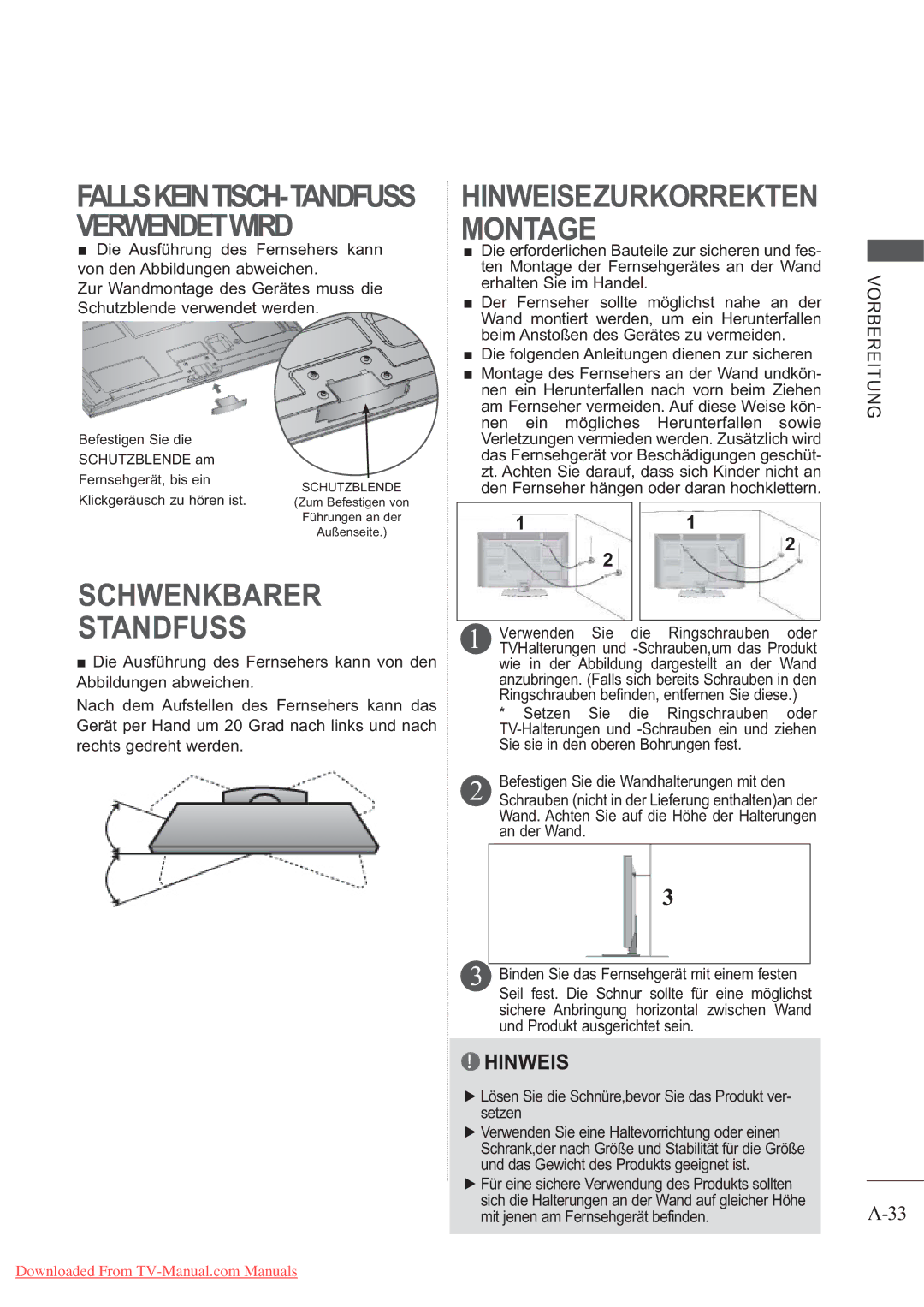 LG Electronics AW-50PG60M FALLSKEINTISCH-TANDFUSS Verwendetwird, Wand. Achten Sie auf die Höhe der Halterungen an der Wand 