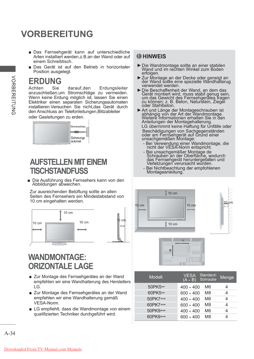 LG Electronics AW-50PG60MS Zur Montage des Fernsehgerätes an der Wand, 50PK5, Empfehlen wir eine Wandhalterung gemäß 50PK7 