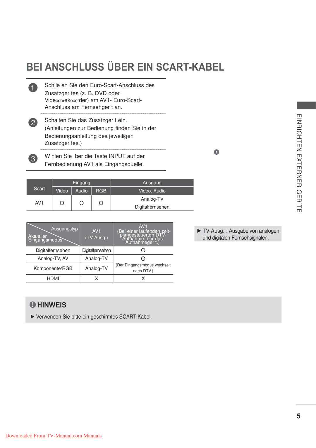 LG Electronics AW-60PG60MS, AW-50PG60M BEI Anschluss Über EIN SCART-KABEL, Verwenden Sie bitte ein geschirmtes SCART-Kabel 