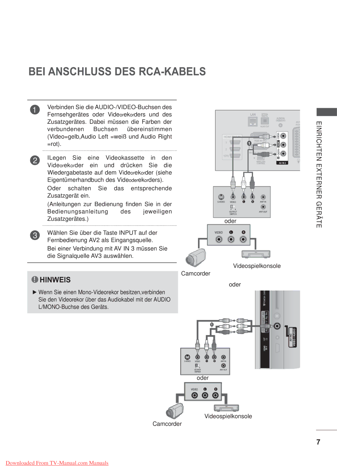 LG Electronics AW-60PG60M, AW-50PG60MS manual BEI Anschluss DES RCA-KABELS, Verbinden Sie die AUDIO-/VIDEO-Buchsen des 