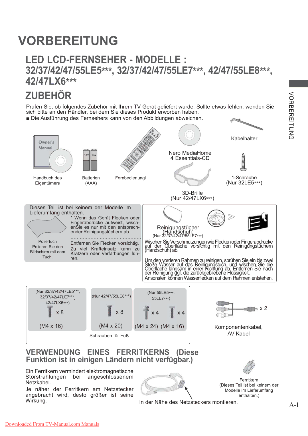 LG Electronics AW-50PG60MS, AW-60PG60MS manual Vorbereitung, LED LCD-FERNSEHER Modelle, Zubehör 