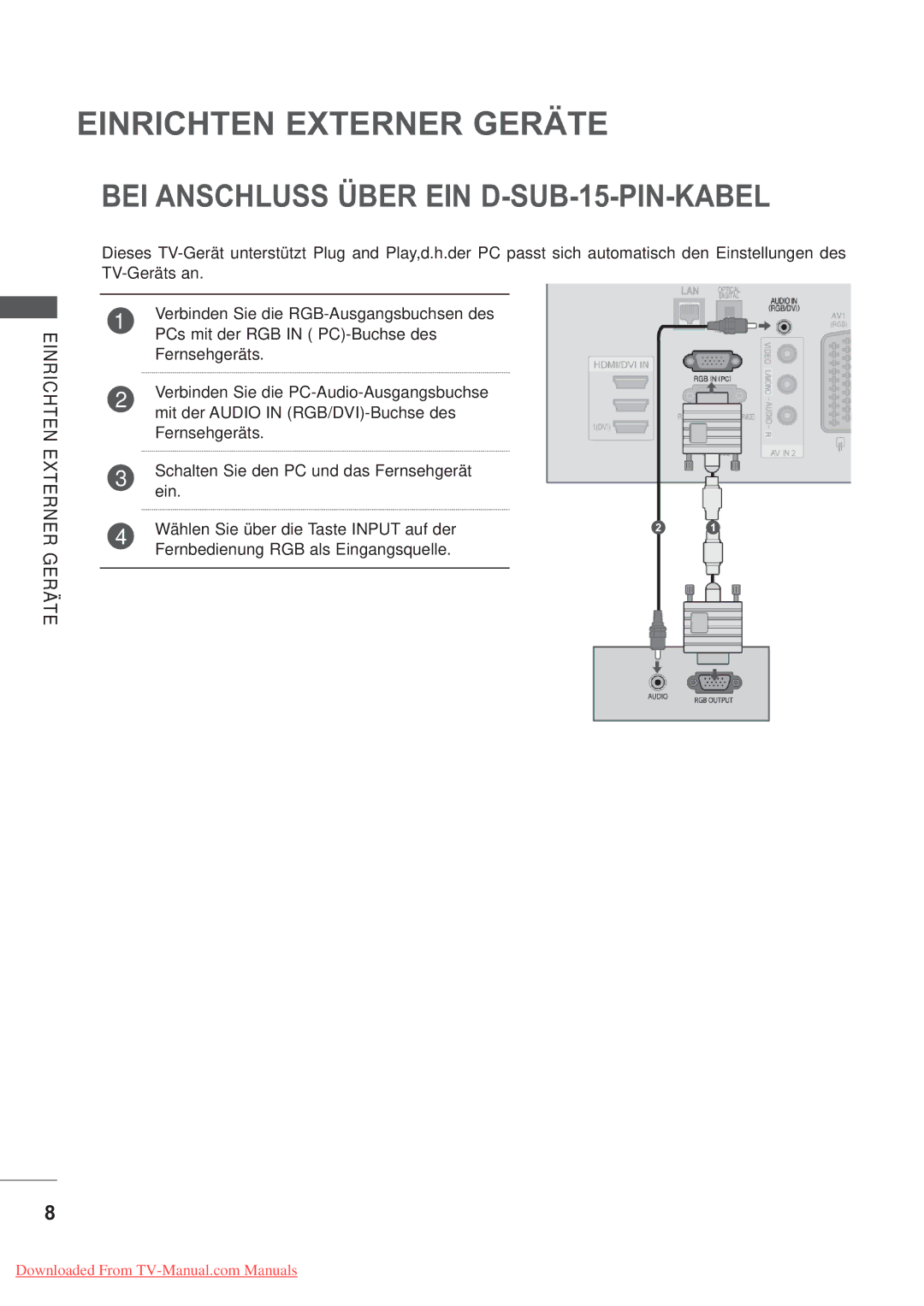 LG Electronics AW-50PG60MS, AW-60PG60MS manual BEI Anschluss Über EIN D-SUB-15-PIN-KABEL 