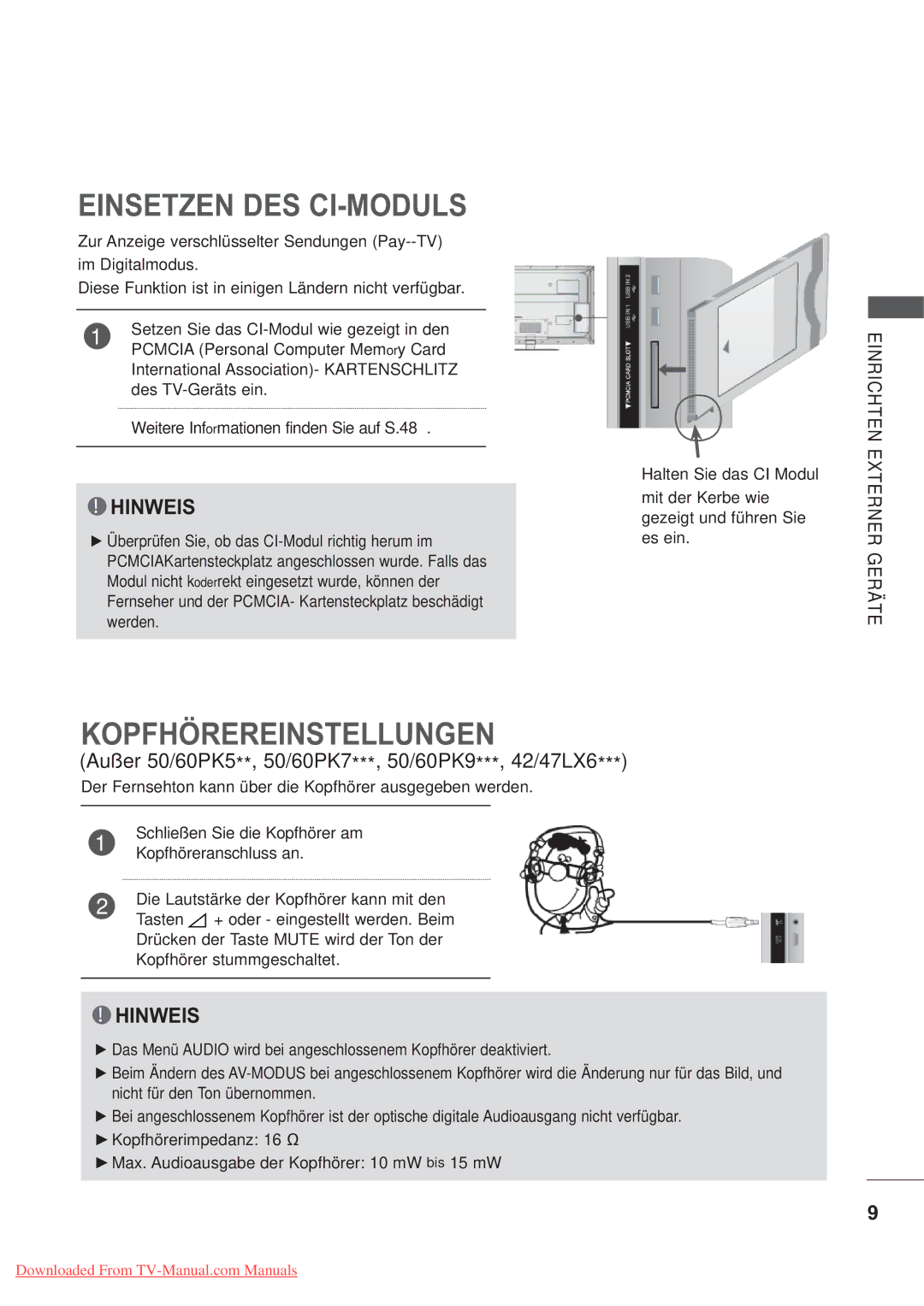 LG Electronics AW-60PG60MS, AW-50PG60MS manual Einsetzen DES CI-MODULS, Kopfhörereinstellungen 