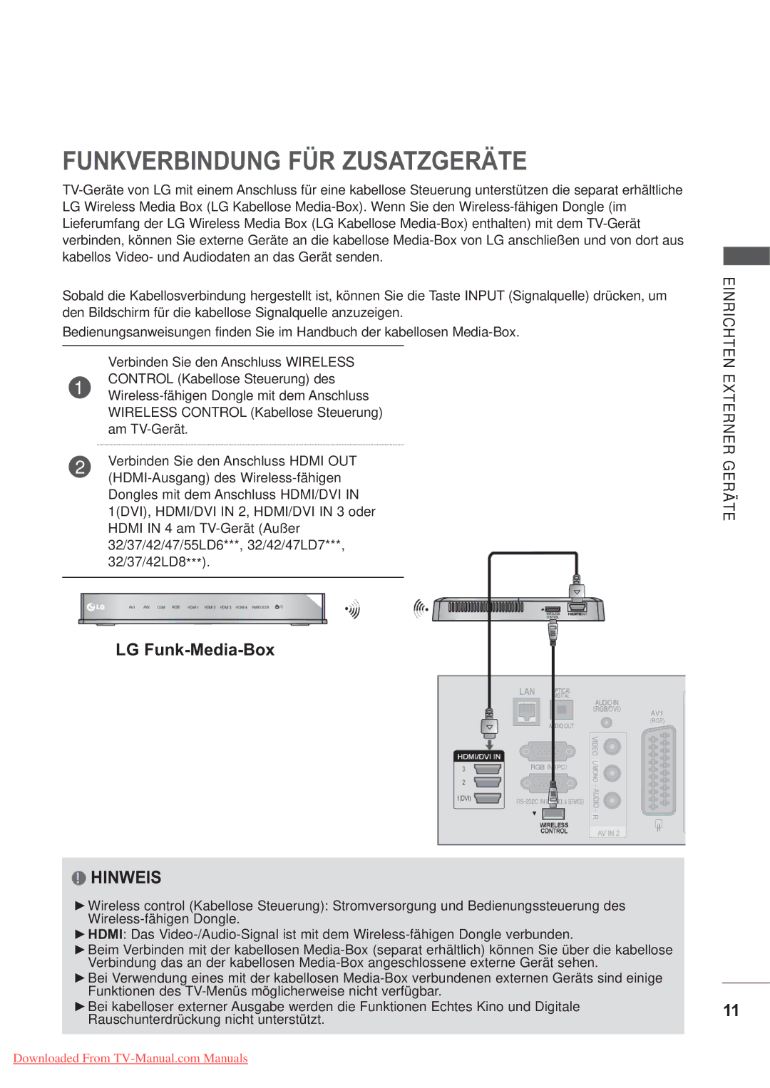 LG Electronics AW-50PG60MS, AW-60PG60MS manual Funkverbindung FÜR Zusatzgeräte, LG Funk-Media-Box 