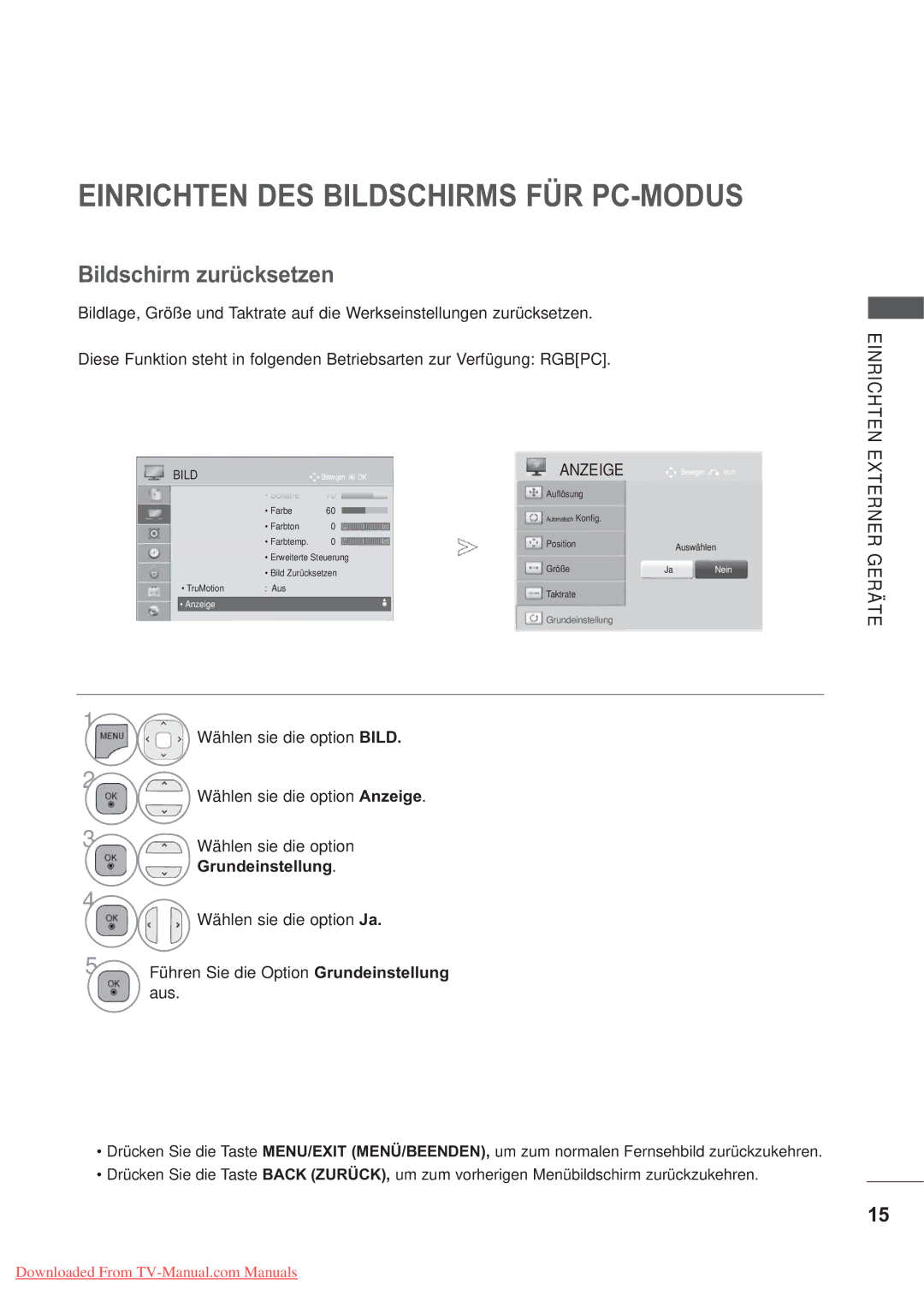 LG Electronics AW-50PG60M Einrichten DES Bildschirms FÜR PC-MODUS, Bildschirm zurücksetzen, Anzeige, Grundeinstellung 