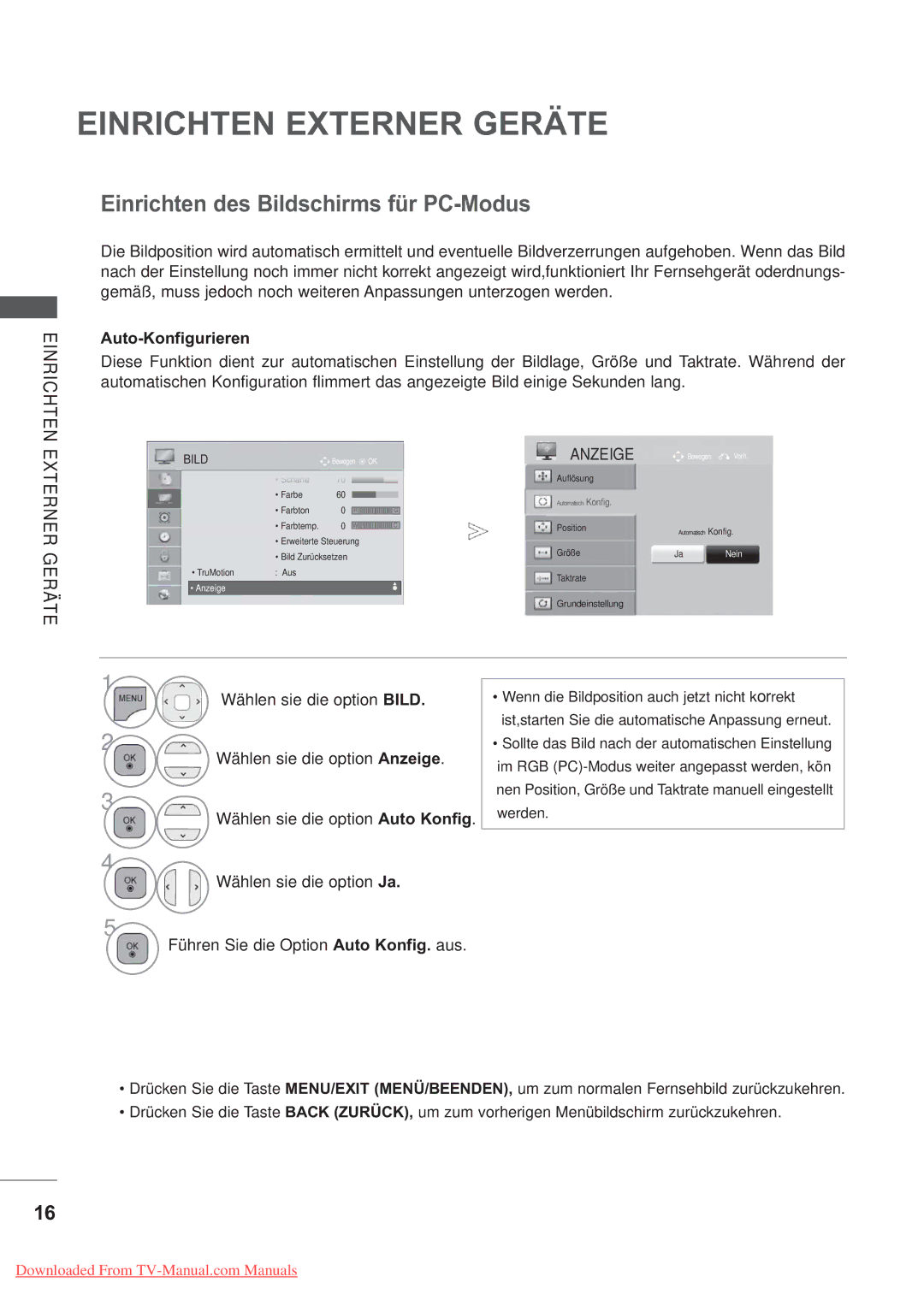 LG Electronics AW-50PG60MS, AW-60PG60MS manual Einrichten des Bildschirms für PC-Modus, Auto-Konfigurieren 