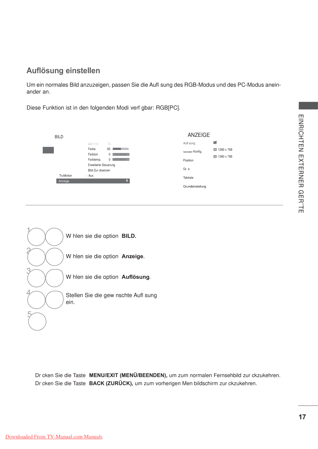 LG Electronics AW-60PG60MS, AW-50PG60MS manual Auflösung einstellen, Einrichten Externer, Geräte, 1024 x 