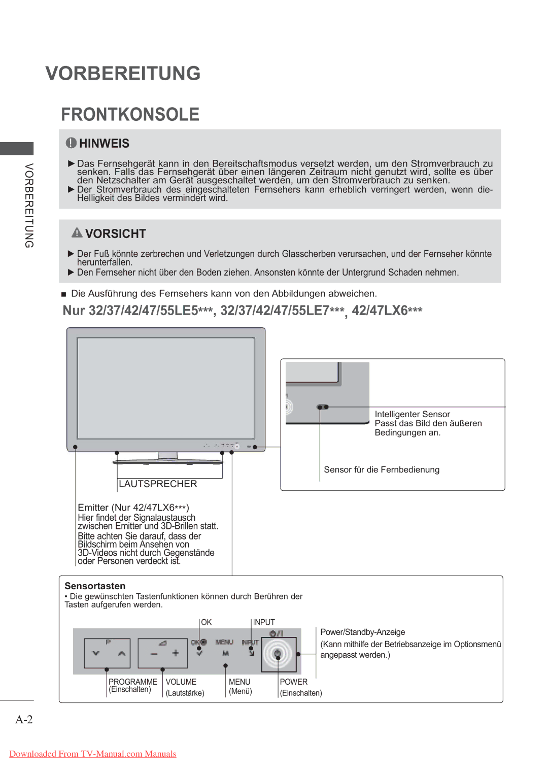 LG Electronics AW-50PG60MS manual Frontkonsole, Nur 32/37/42/47/55LE5***, 32/37/42/47/55LE7***, 42/47LX6, Vorbereitung 