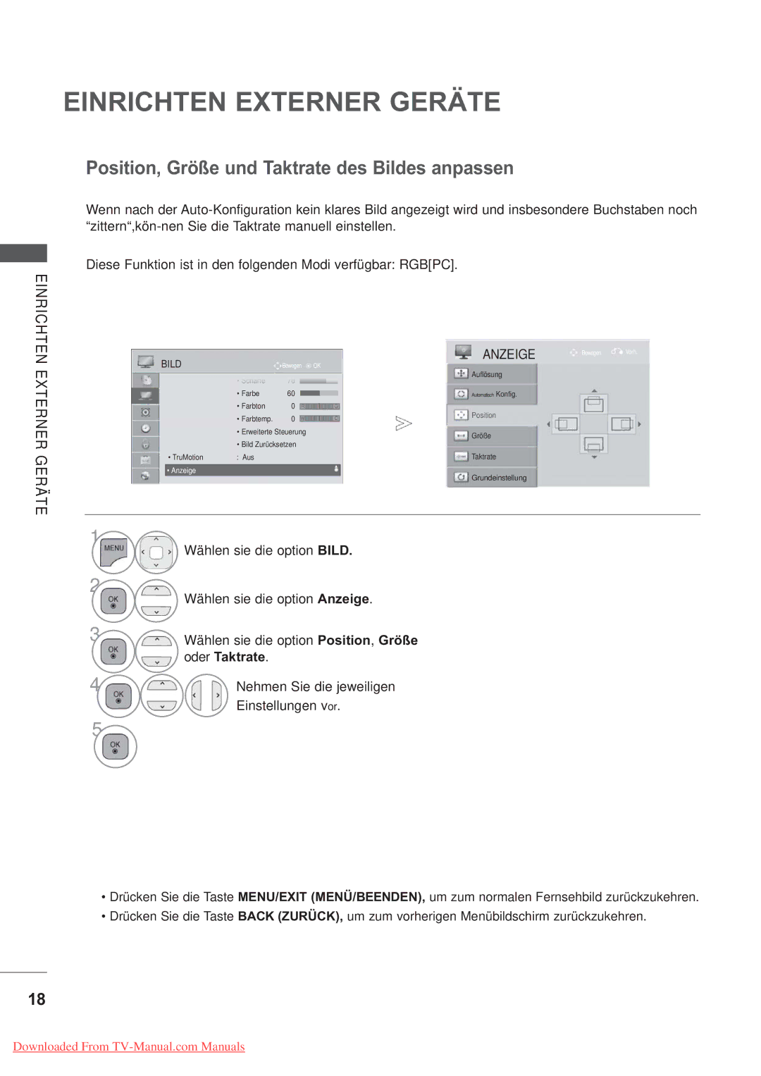 LG Electronics AW-60PG60M manual Position, Größe und Taktrate des Bildes anpassen, Oder Taktrate, Nehmen Sie die jeweiligen 