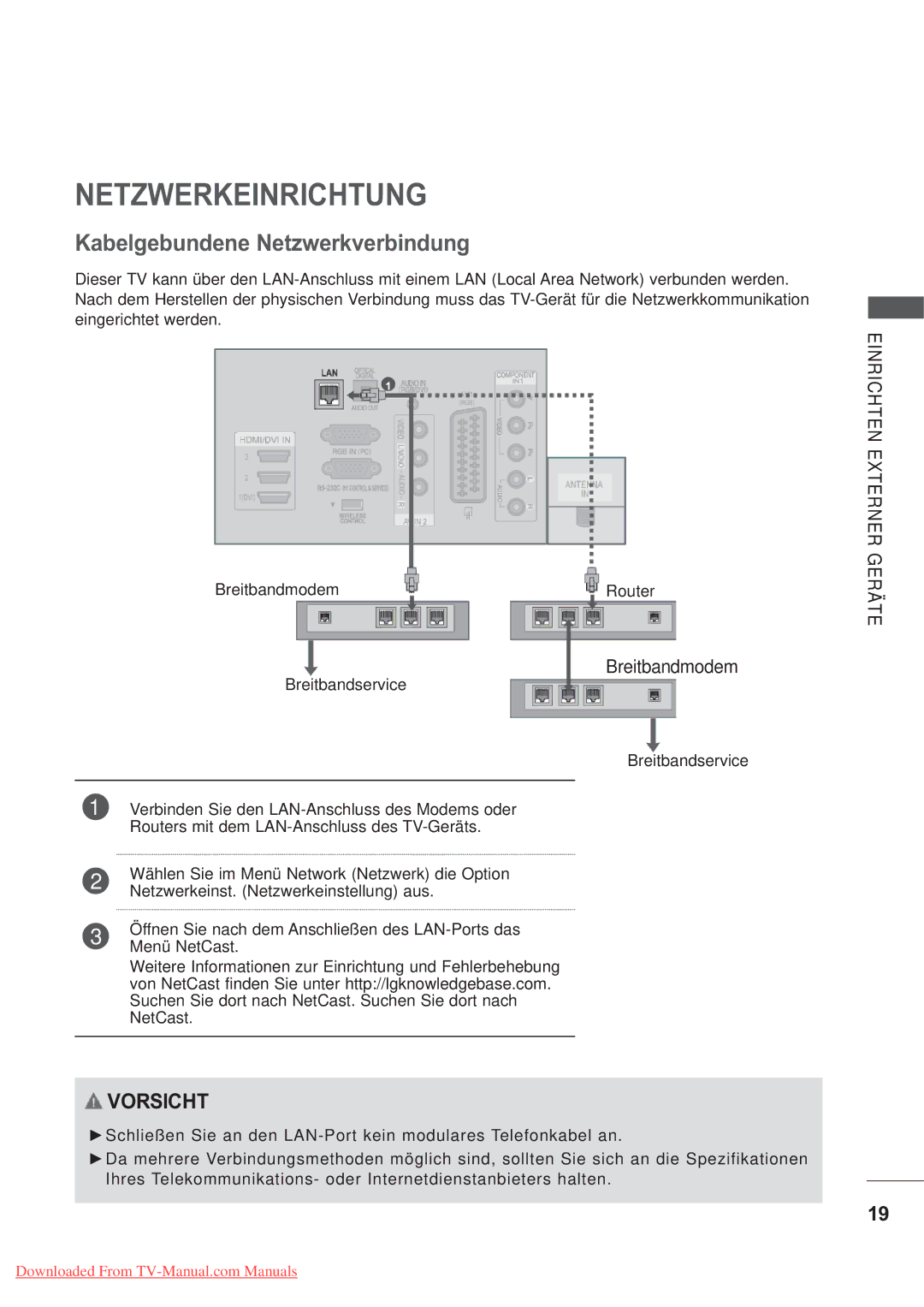 LG Electronics AW-50PG60MS, AW-60PG60MS manual Netzwerkeinrichtung, Kabelgebundene Netzwerkverbindung 