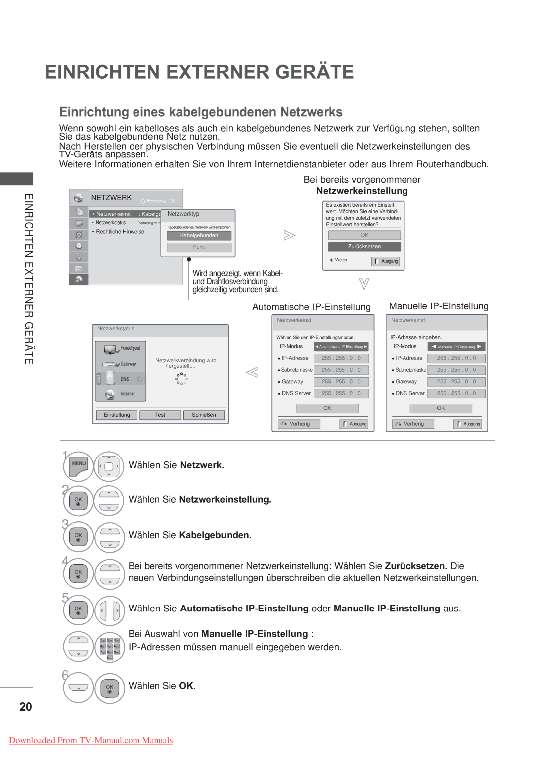 LG Electronics AW-50PG60MS, AW-60PG60MS manual Einrichtung eines kabelgebundenen Netzwerks, Netzwerkeinstellung 