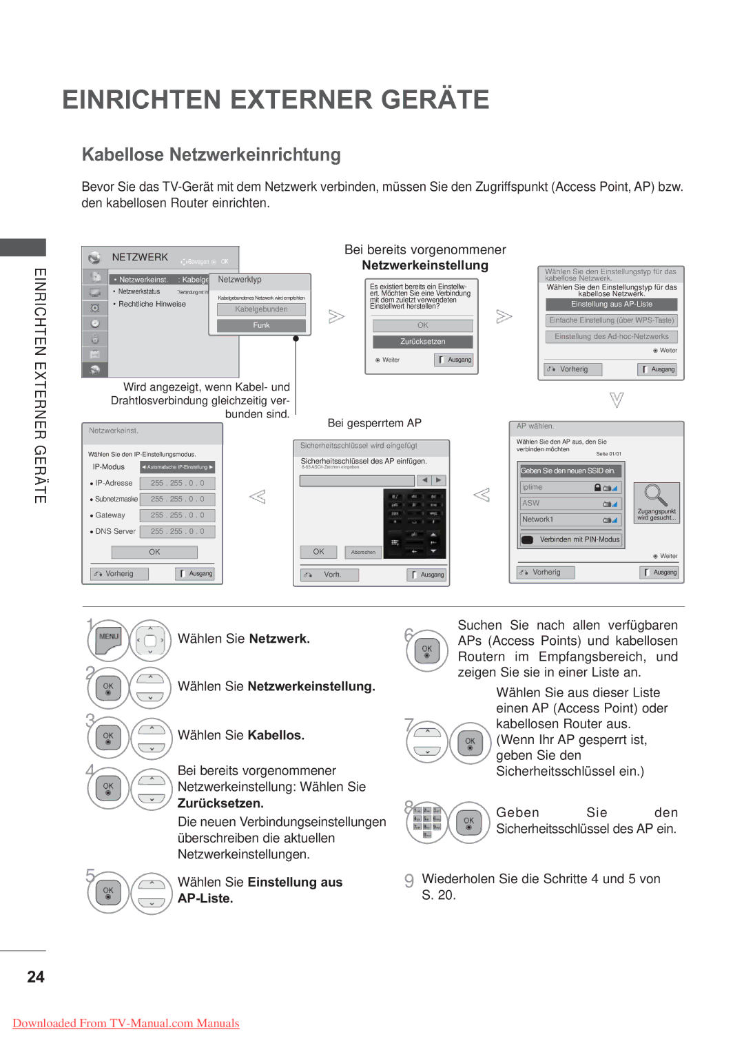 LG Electronics AW-50PG60MS, AW-60PG60M manual Kabellose Netzwerkeinrichtung, Wählen Sie Netzwerkeinstellung, Zurücksetzen 