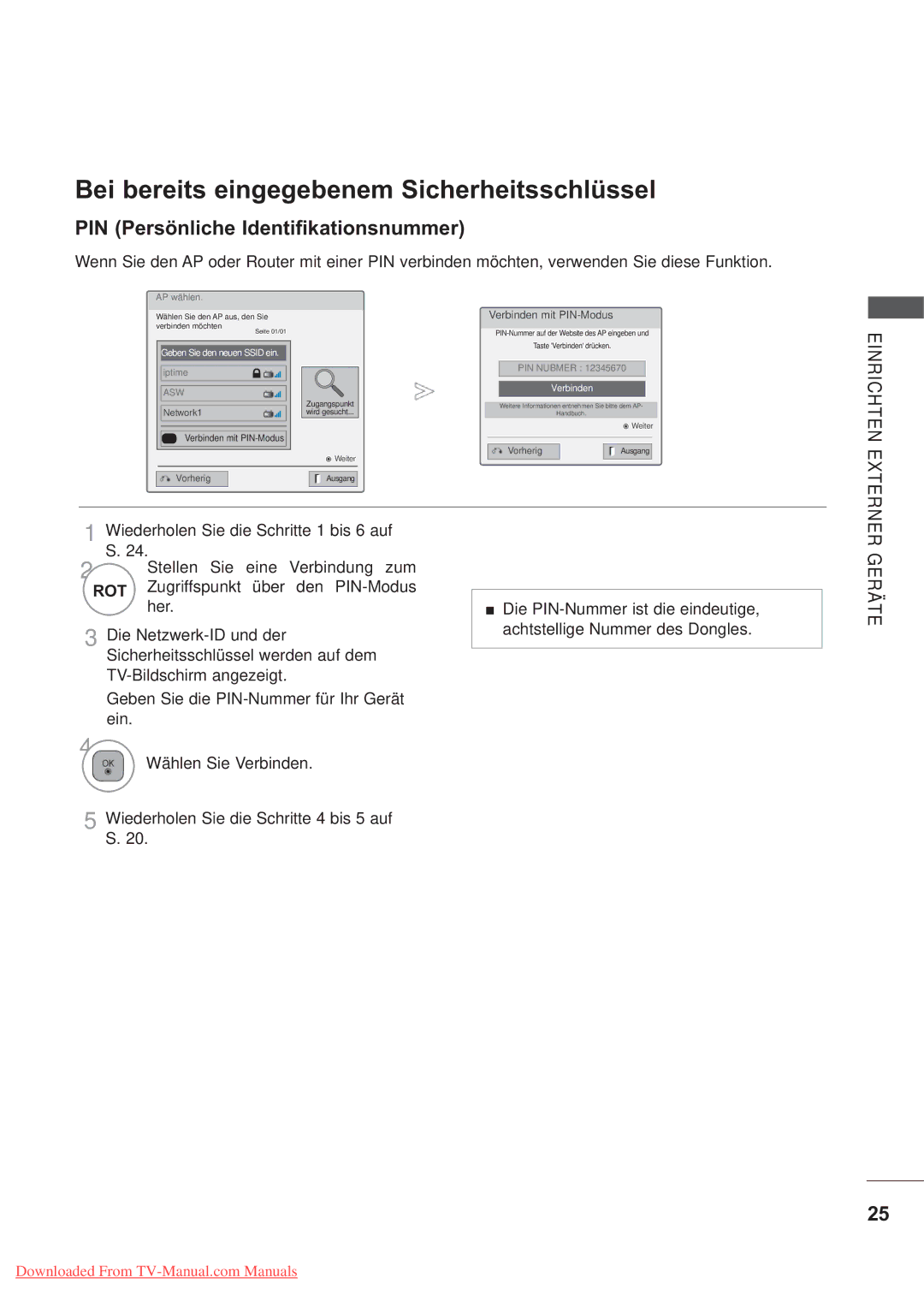 LG Electronics AW-60PG60MS, AW-50PG60MS manual PIN Persönliche Identifikationsnummer, Her, Wählen Sie Verbinden 