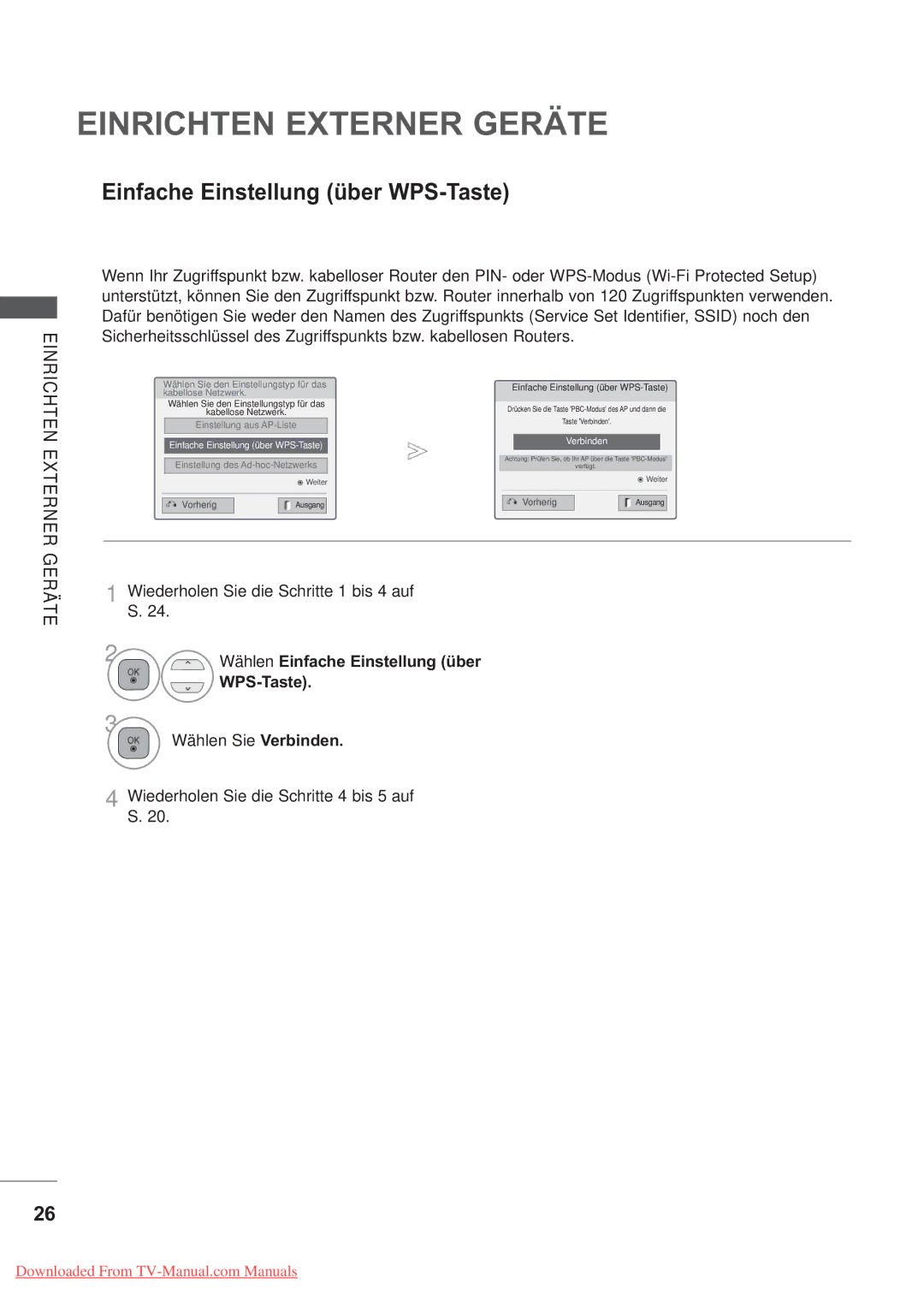 LG Electronics AW-60PG60M, AW-50PG60M Wiederholen Sie die Schritte 1 bis 4 auf S, Einfache Einstellung über WPS-Taste 