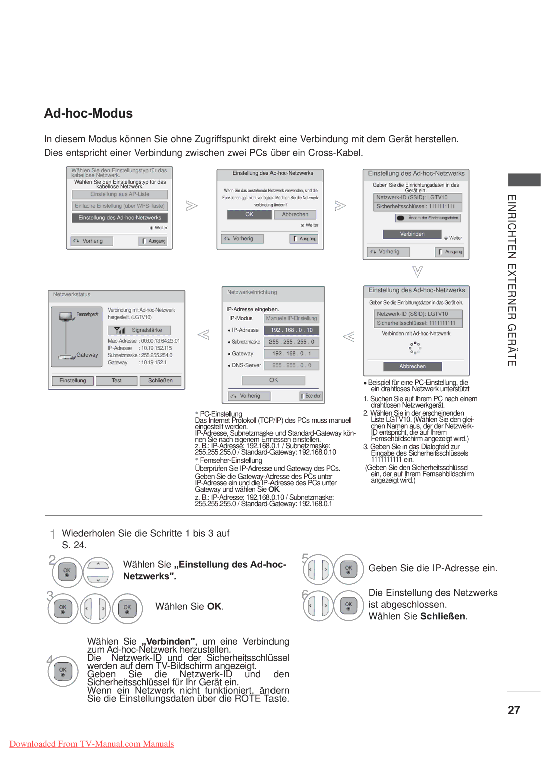 LG Electronics AW-50PG60M Wiederholen Sie die Schritte 1 bis 3 auf, Einstellung des Ad-hoc-Netzwerks, IP-Adresse192 