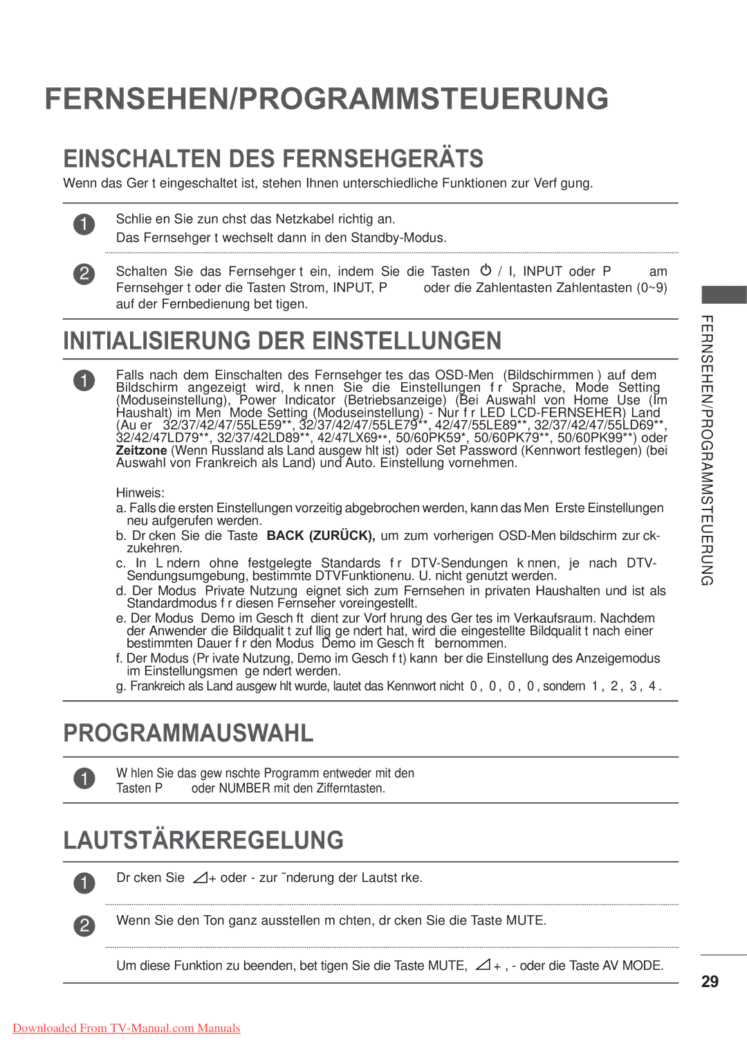 LG Electronics AW-60PG60MS Fernsehen/Programmsteuerung, Einschalten DES Fernsehgeräts, Initialisierung DER Einstellungen 