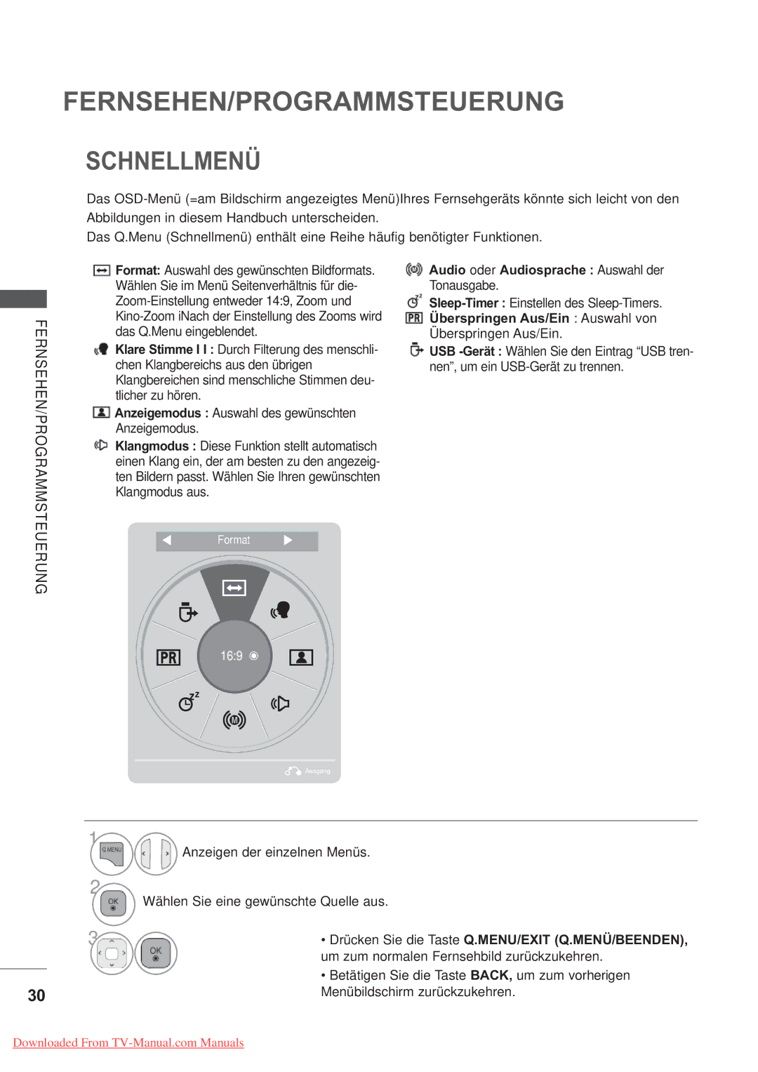 LG Electronics AW-50PG60MS, AW-60PG60MS manual Schnellmenü, Audio oder Audiosprache Auswahl der Tonausgabe 