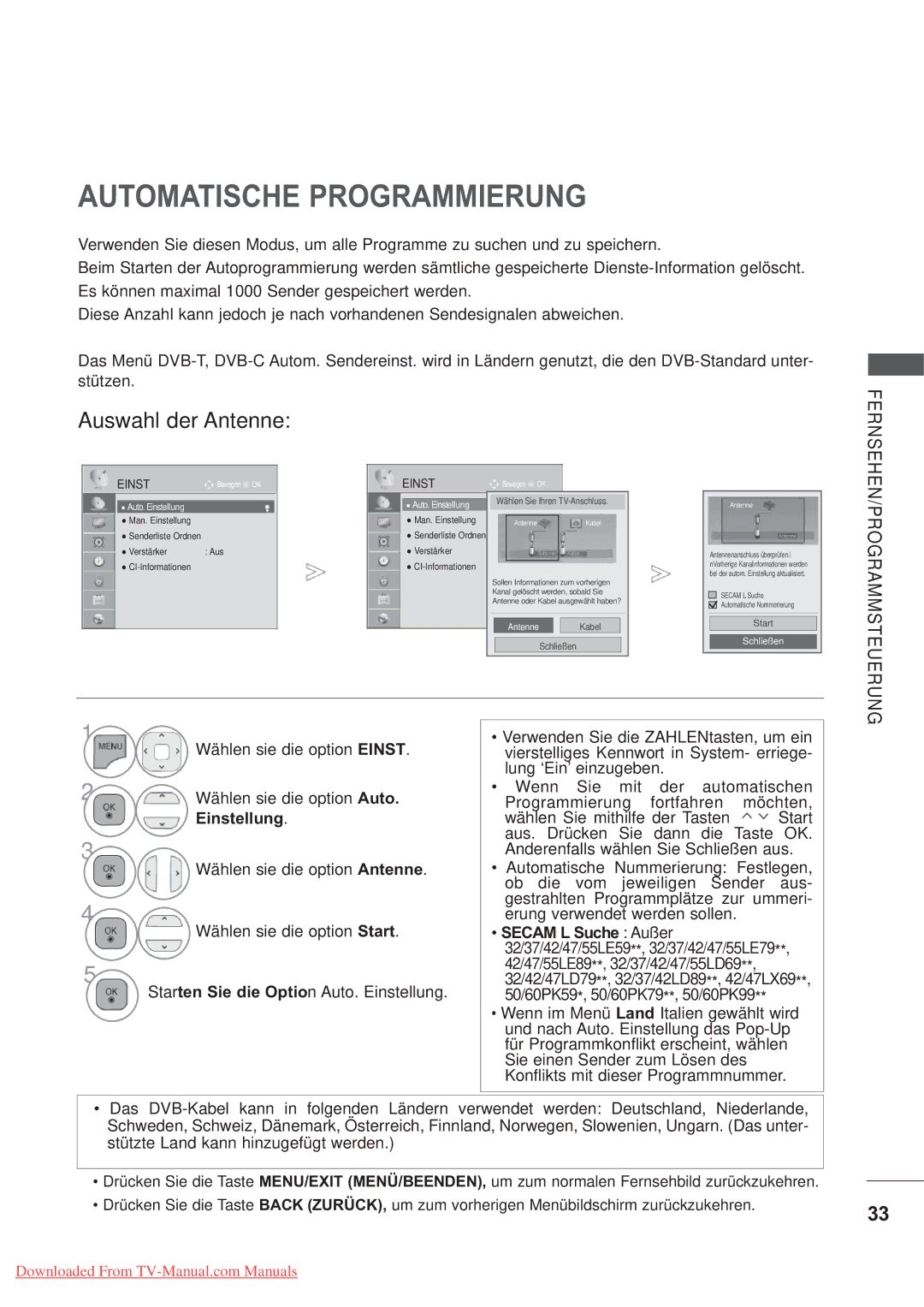 LG Electronics AW-60PG60MS, AW-50PG60M Automatische Programmierung, Wählen sie die option Einst Wählen sie die option Auto 