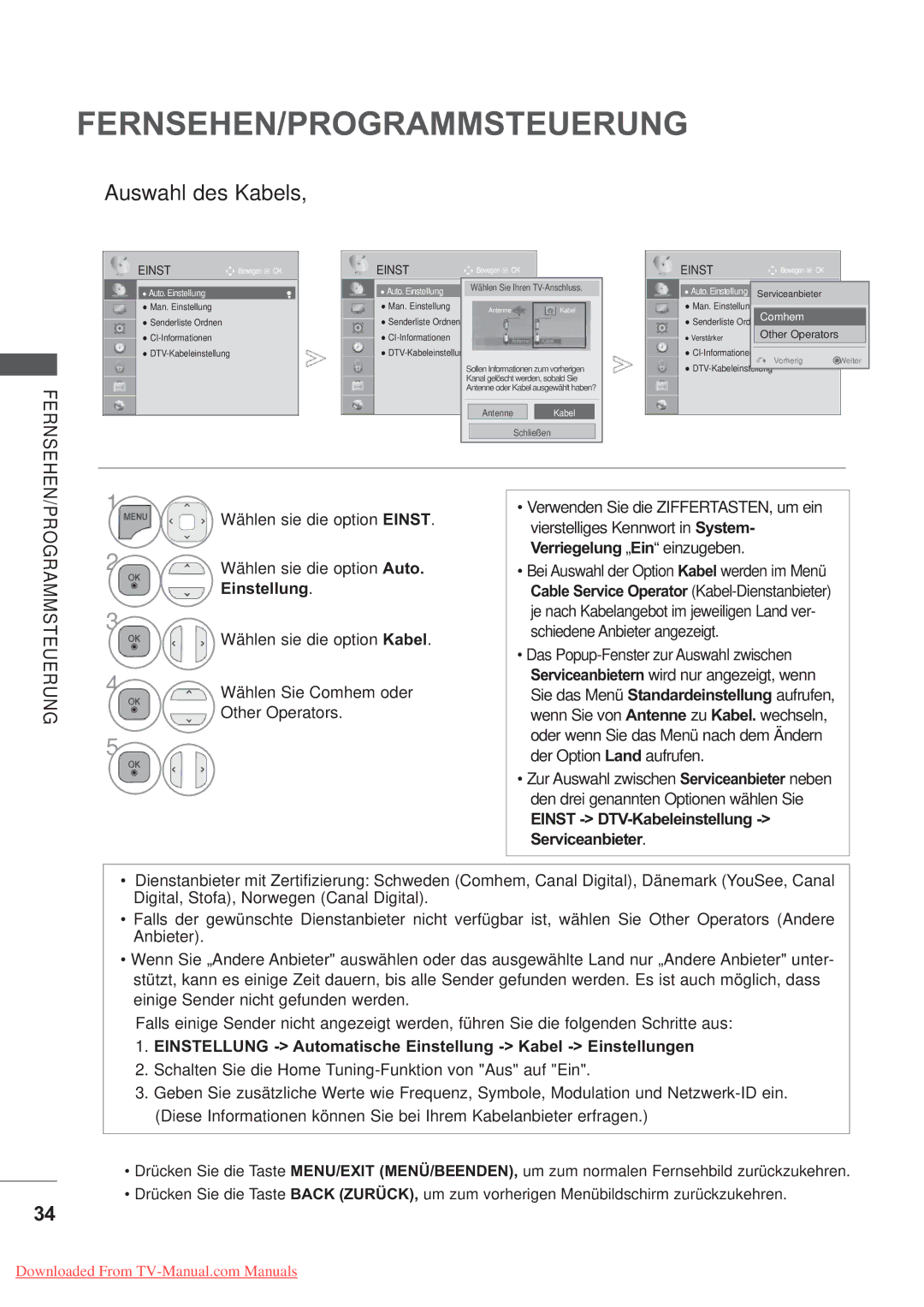 LG Electronics AW-50PG60MS, AW-60PG60MS manual Einstellung Automatische Einstellung Kabel Einstellungen 