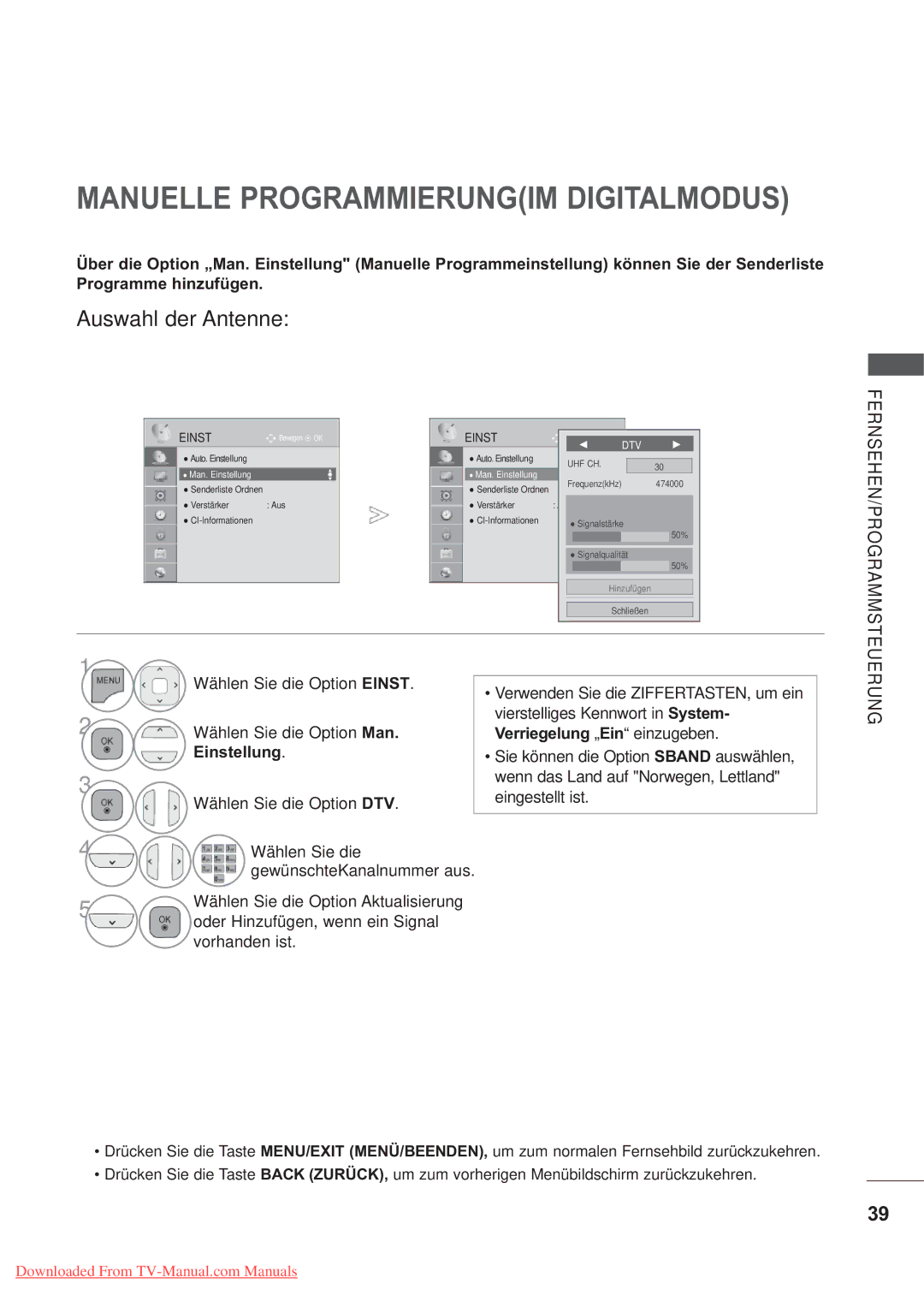 LG Electronics AW-60PG60M, AW-50PG60MS manual Wählen Sie die Option Einst Wählen Sie die Option Man, Man. Einstellung 