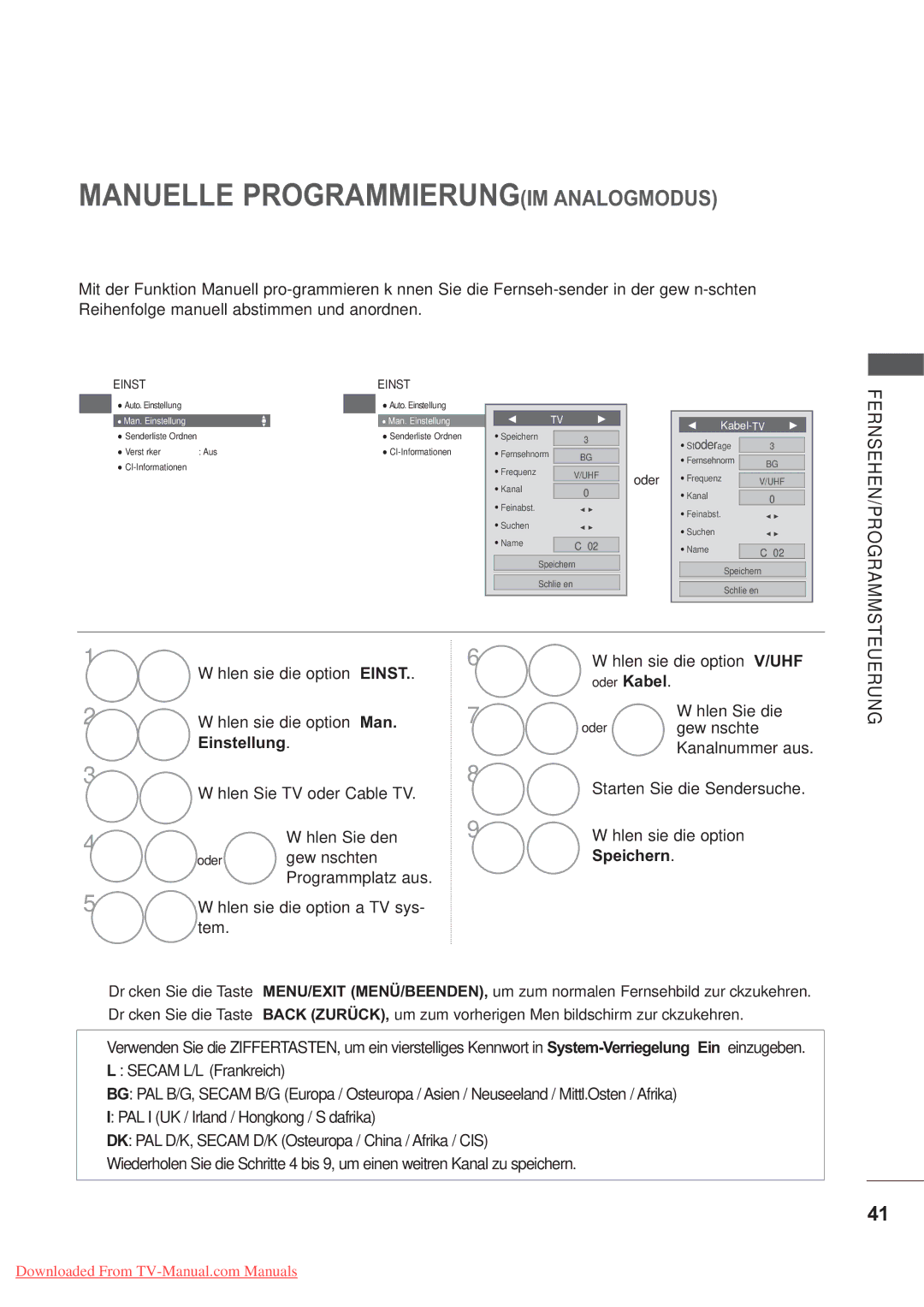 LG Electronics AW-60PG60MS, AW-50PG60MS manual Manuelle Programmierungim Analogmodus, Speichern 