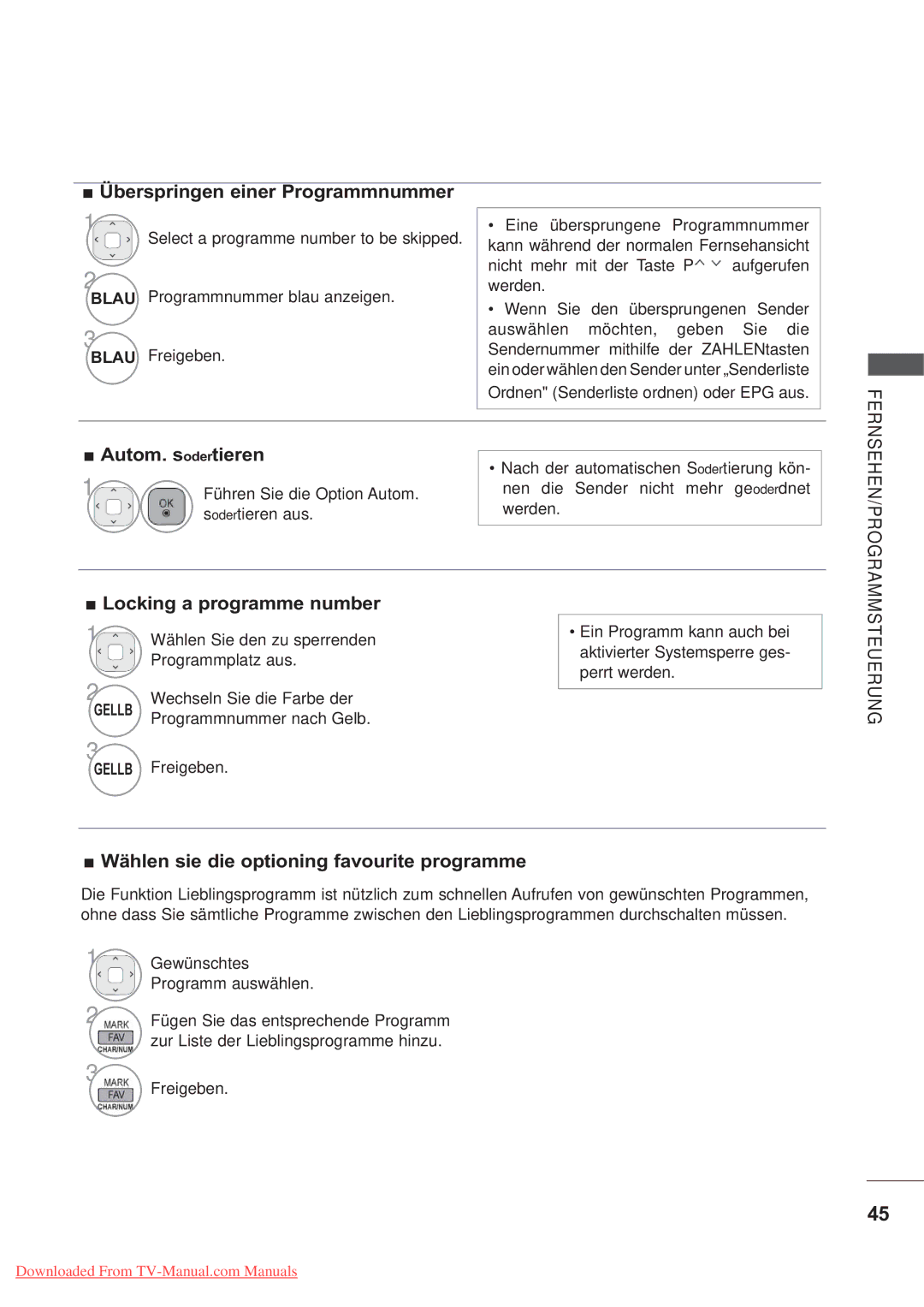 LG Electronics AW-60PG60MS Autom. s odertieren, Locking a programme number, Wählen sie die optioning favourite programme 