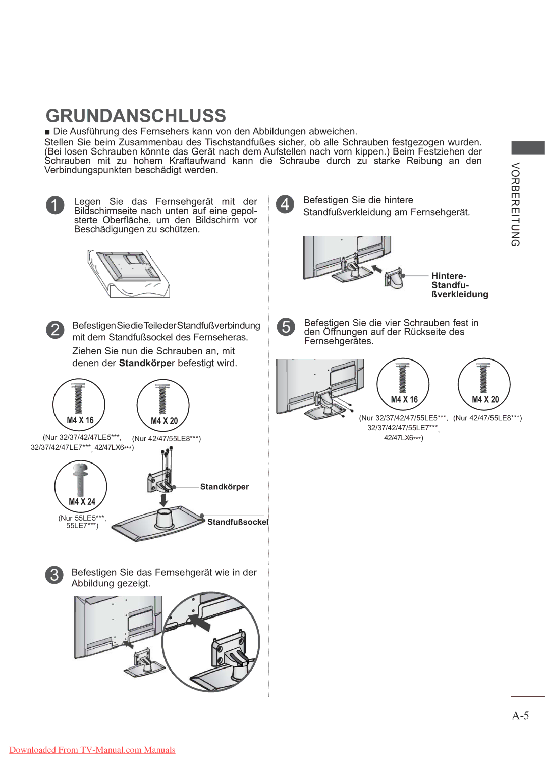 LG Electronics AW-50PG60M, AW-60PG60M manual Grundanschluss, Befestigen Sie das Fernsehgerät wie in der Abbildung gezeigt 