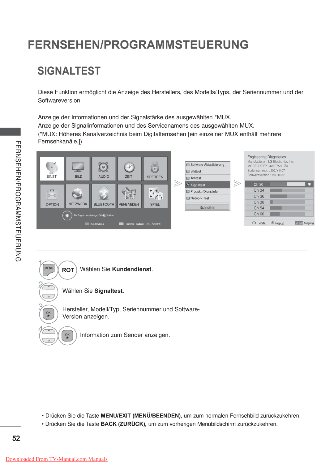 LG Electronics AW-50PG60MS, AW-60PG60MS manual ROT Wählen Sie Kundendienst Wählen Sie Signaltest, Version anzeigen 