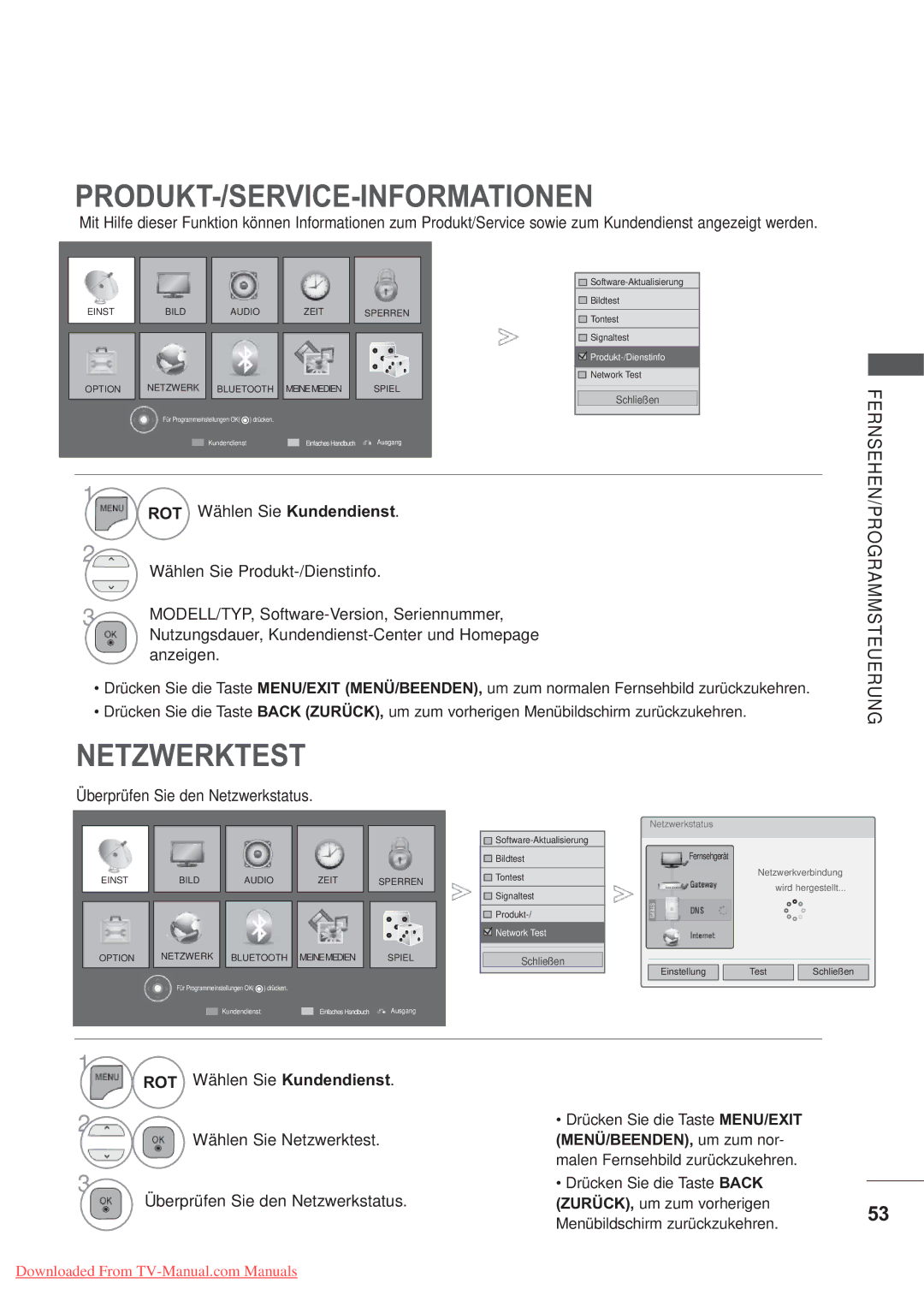 LG Electronics AW-60PG60MS manual Produkt-/Service-Informationen, Netzwerktest, Anzeigen, Überprüfen Sie den Netzwerkstatus 