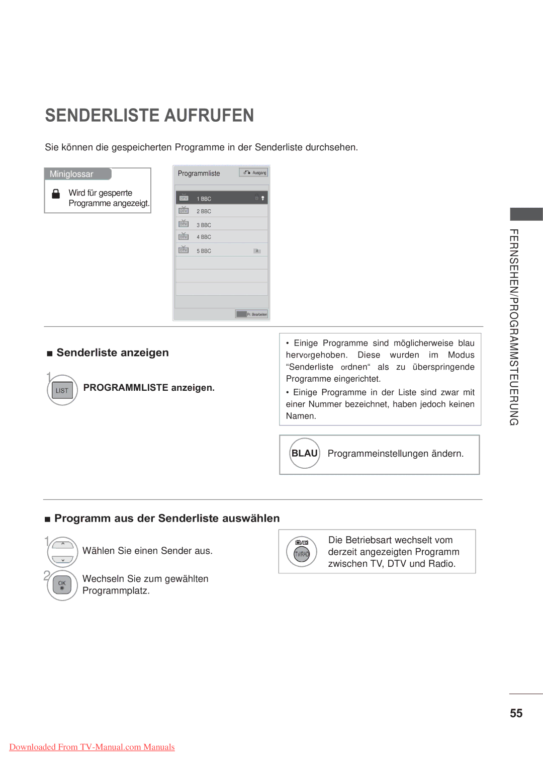 LG Electronics AW-50PG60M, AW-60PG60M Senderliste Aufrufen, Senderliste anzeigen, Programm aus der Senderliste auswählen 