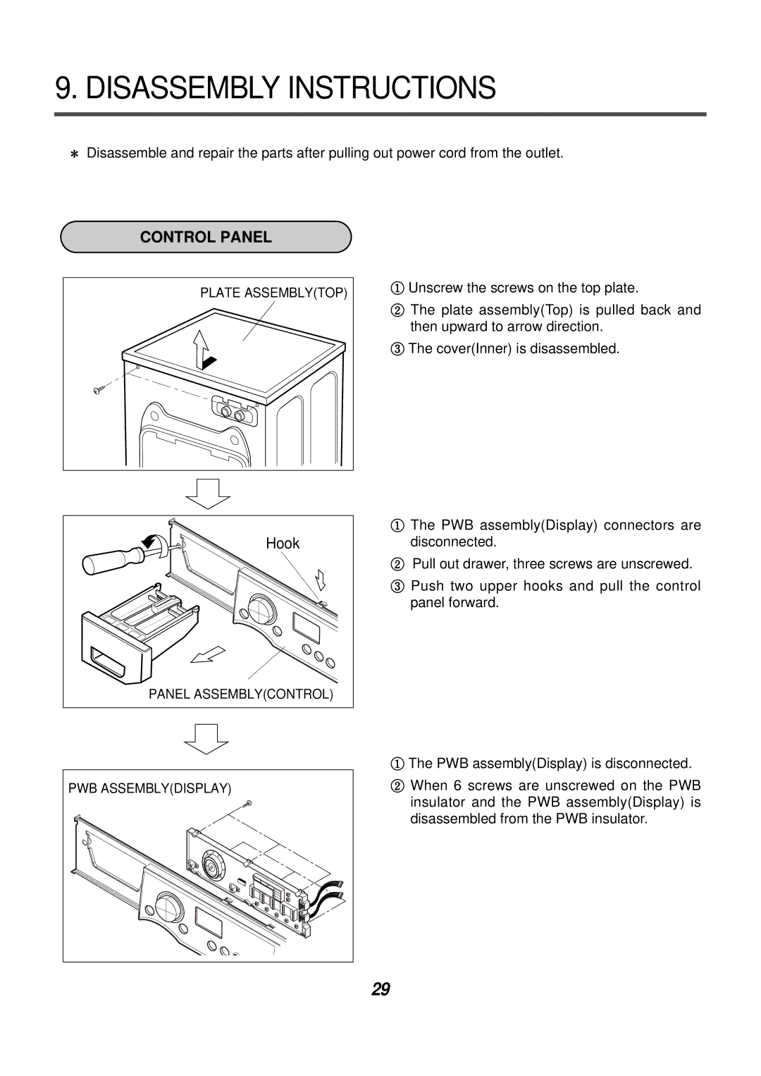 LG Electronics AWD-14312(7)RD, AWD-12312(7)RD service manual Disassembly Instructions, Control Panel 