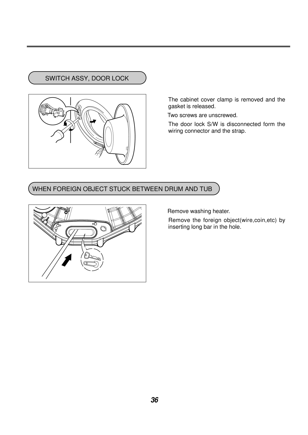 LG Electronics AWD-12312(7)RD, AWD-14312(7)RD Switch ASSY, Door Lock, When Foreign Object Stuck Between Drum and TUB 