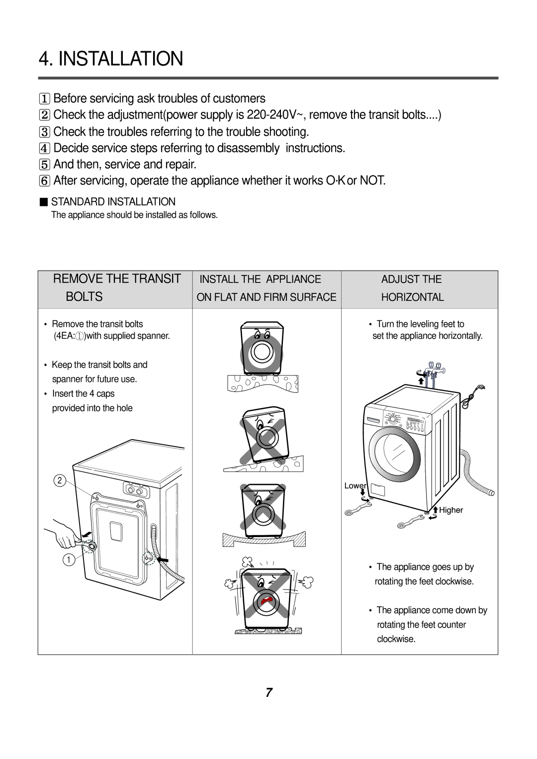 LG Electronics AWD-14312(7)RD, AWD-12312(7)RD service manual Installation, Bolts 