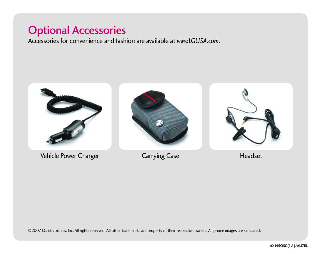 LG Electronics AX 145 quick start Optional Accessories, Vehicle Power Charger Carrying Case 