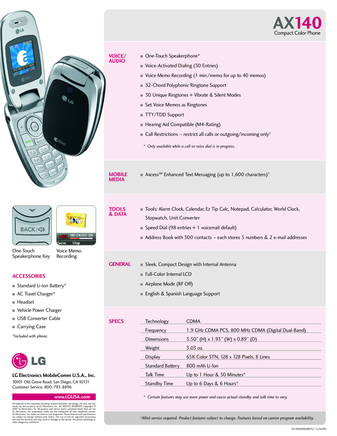 LG Electronics AX140 manual Voice, Audio, Media, Data, Specs 