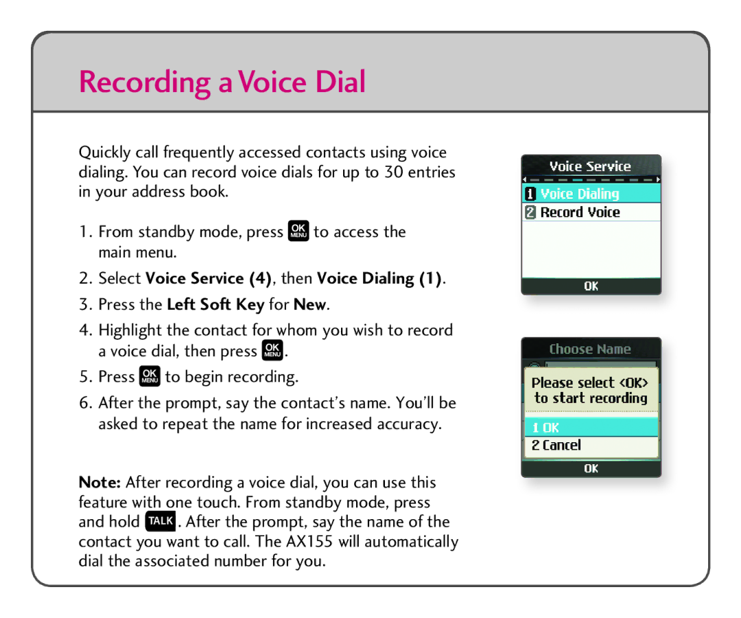 LG Electronics AX155 quick start Recording a Voice Dial 