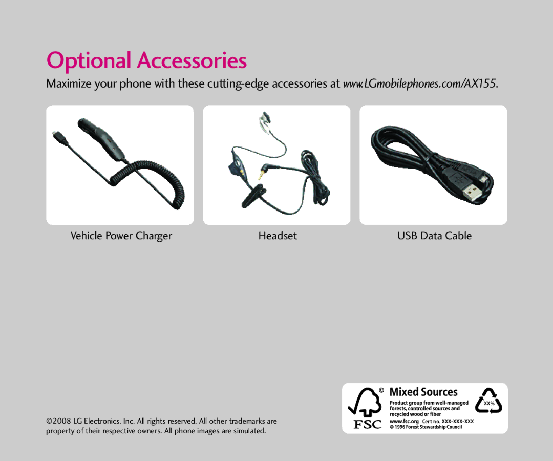 LG Electronics AX155 quick start Optional Accessories, Vehicle Power Charger Headset 