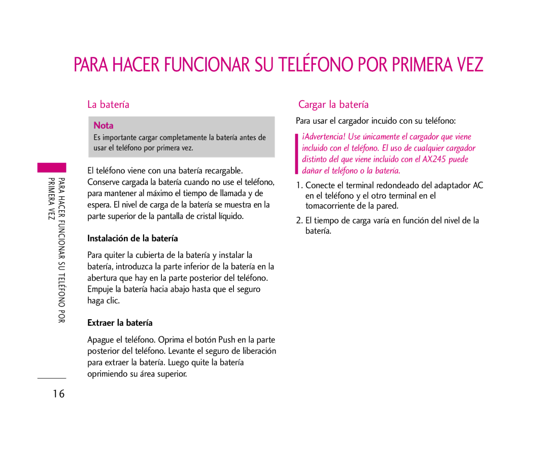 LG Electronics AX245 manual La batería, Cargar la batería, Instalación de la batería, Extraer la batería 