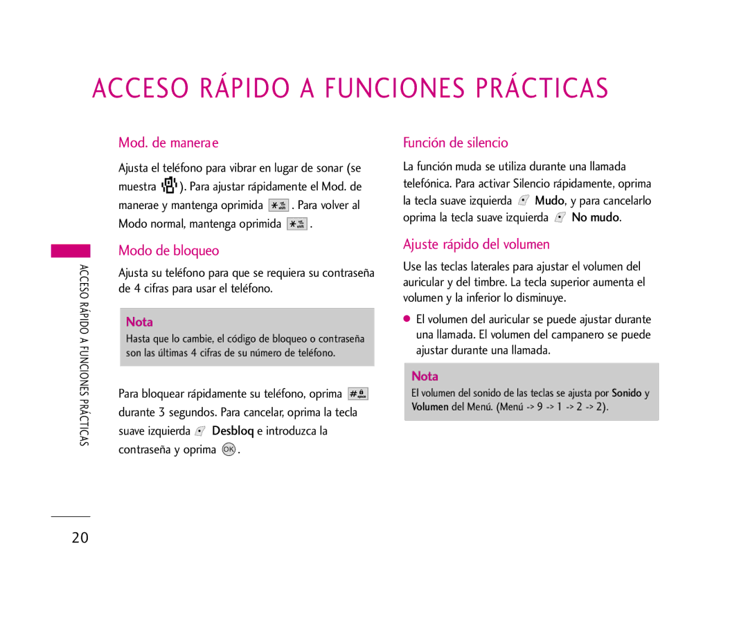 LG Electronics AX245 manual Mod. de manerae, Función de silencio, Modo de bloqueo, Ajuste rápido del volumen 