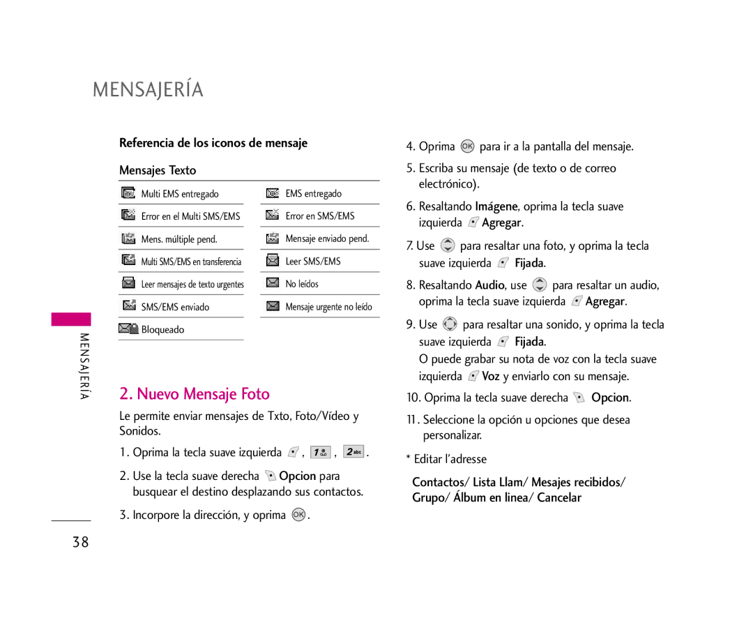 LG Electronics AX245 manual Nuevo Mensaje Foto, Referencia de los iconos de mensaje, Mensajes Texto, Fijada, Opcion 