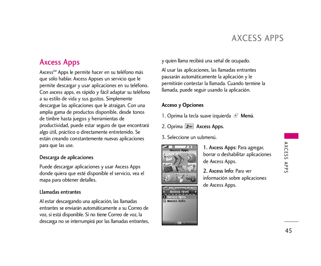 LG Electronics AX245 manual Axcess Apps, Descarga de aplicaciones, Llamadas entrantes, Axcess Info Para ver 