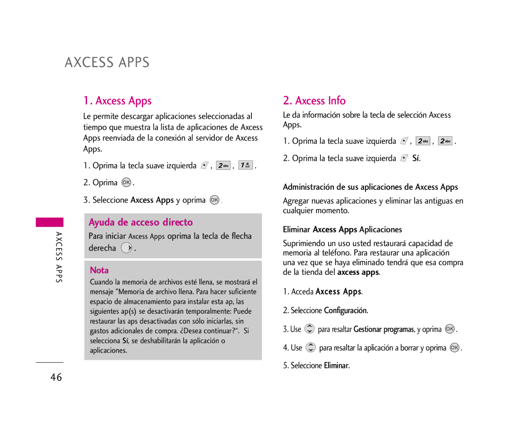 LG Electronics AX245 manual Axcess Apps, Axcess Info 