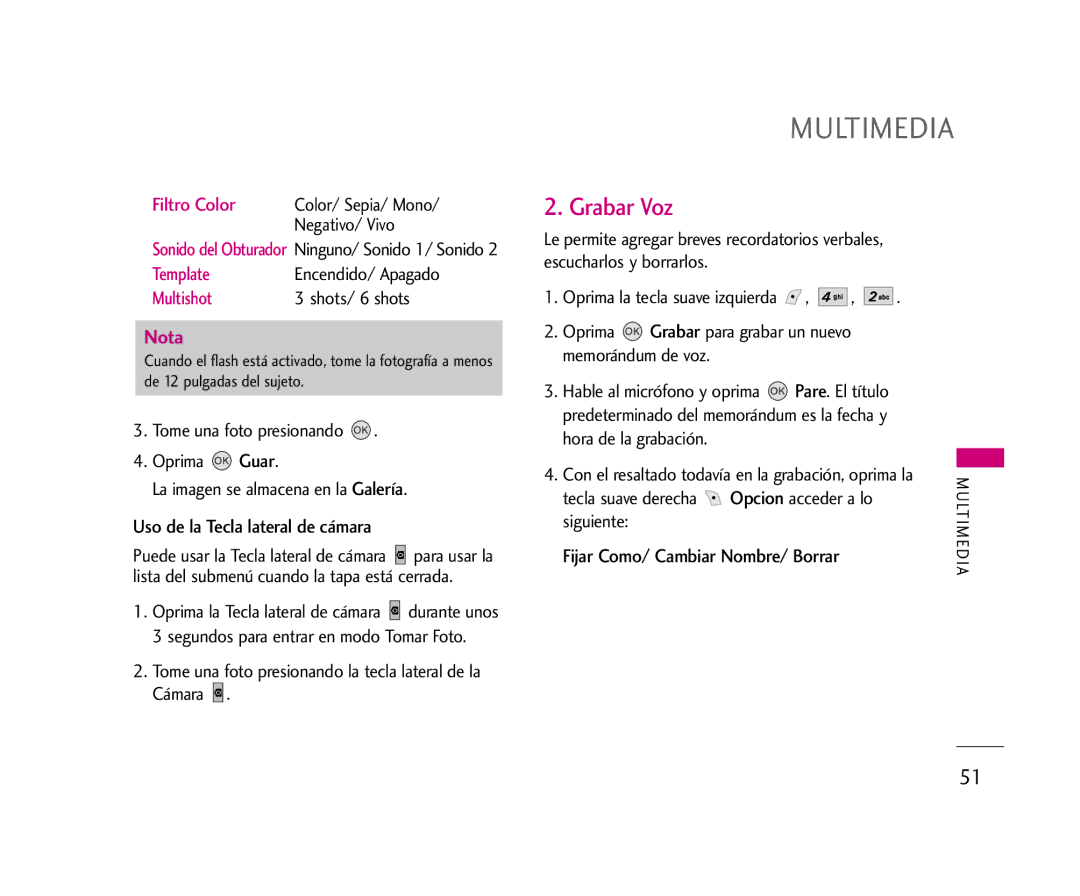 LG Electronics AX245 manual Grabar Voz, Uso de la Tecla lateral de cámara 
