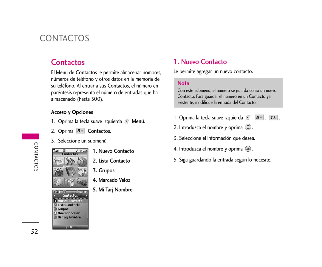 LG Electronics AX245 manual Contactos, Nuevo Contacto 