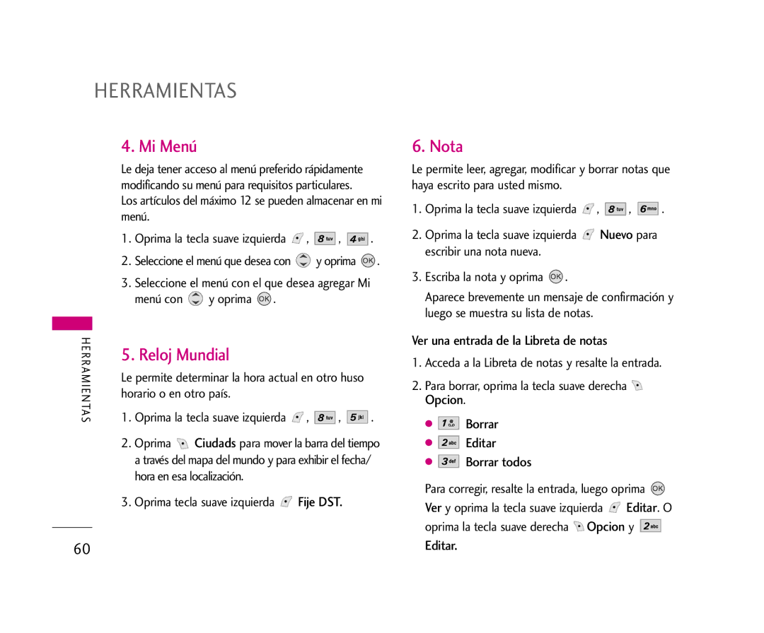 LG Electronics AX245 Mi Menú, Reloj Mundial, Nota, Ver una entrada de la Libreta de notas, Borrar Editar Borrar todos 