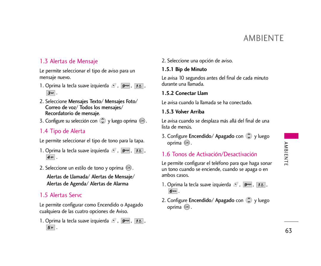 LG Electronics AX245 manual Alertas de Mensaje, Tipo de Alerta, Alertas Servc, Tonos de Activación/Desactivación 