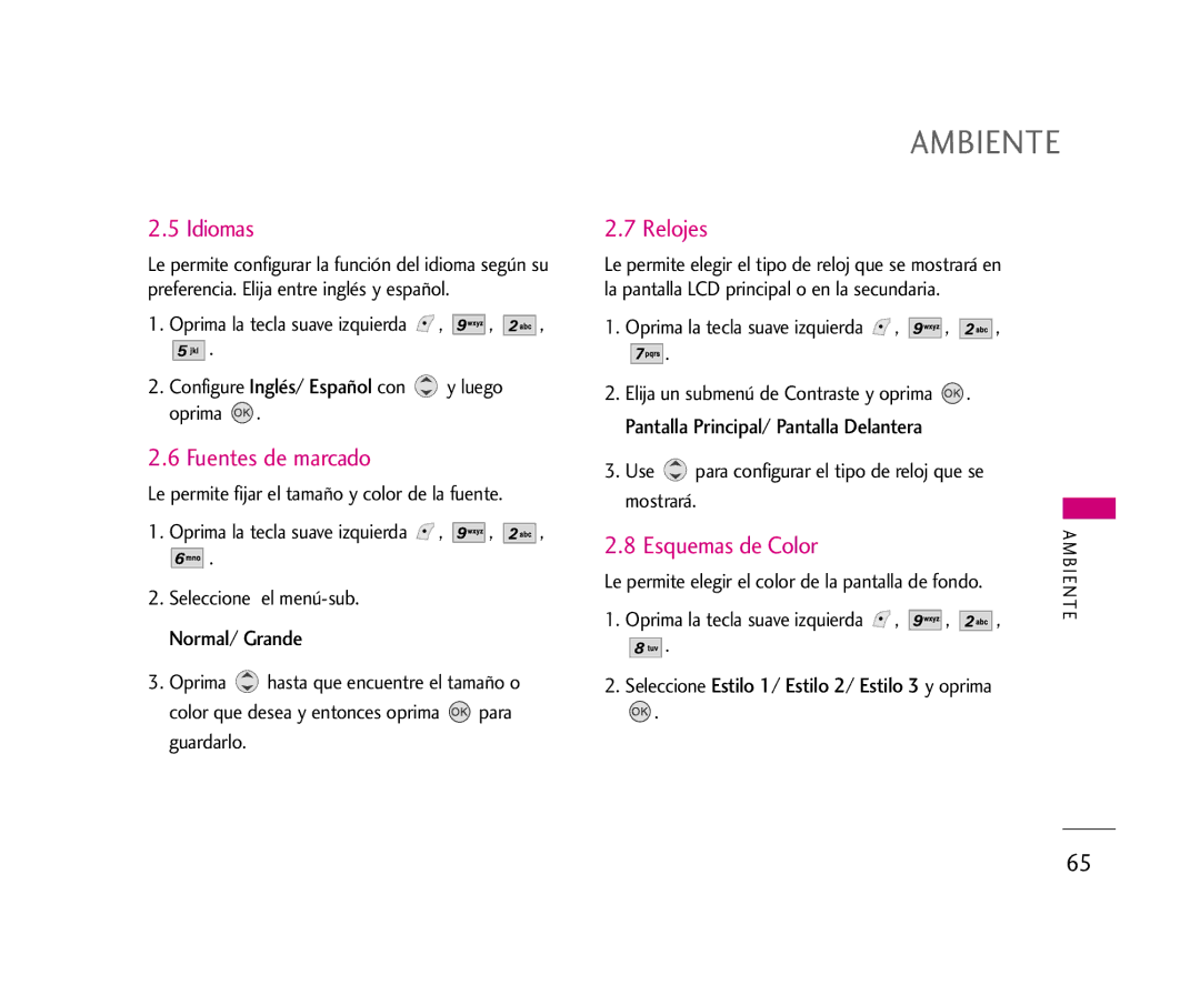 LG Electronics AX245 manual Idiomas, Fuentes de marcado, Relojes, Esquemas de Color 