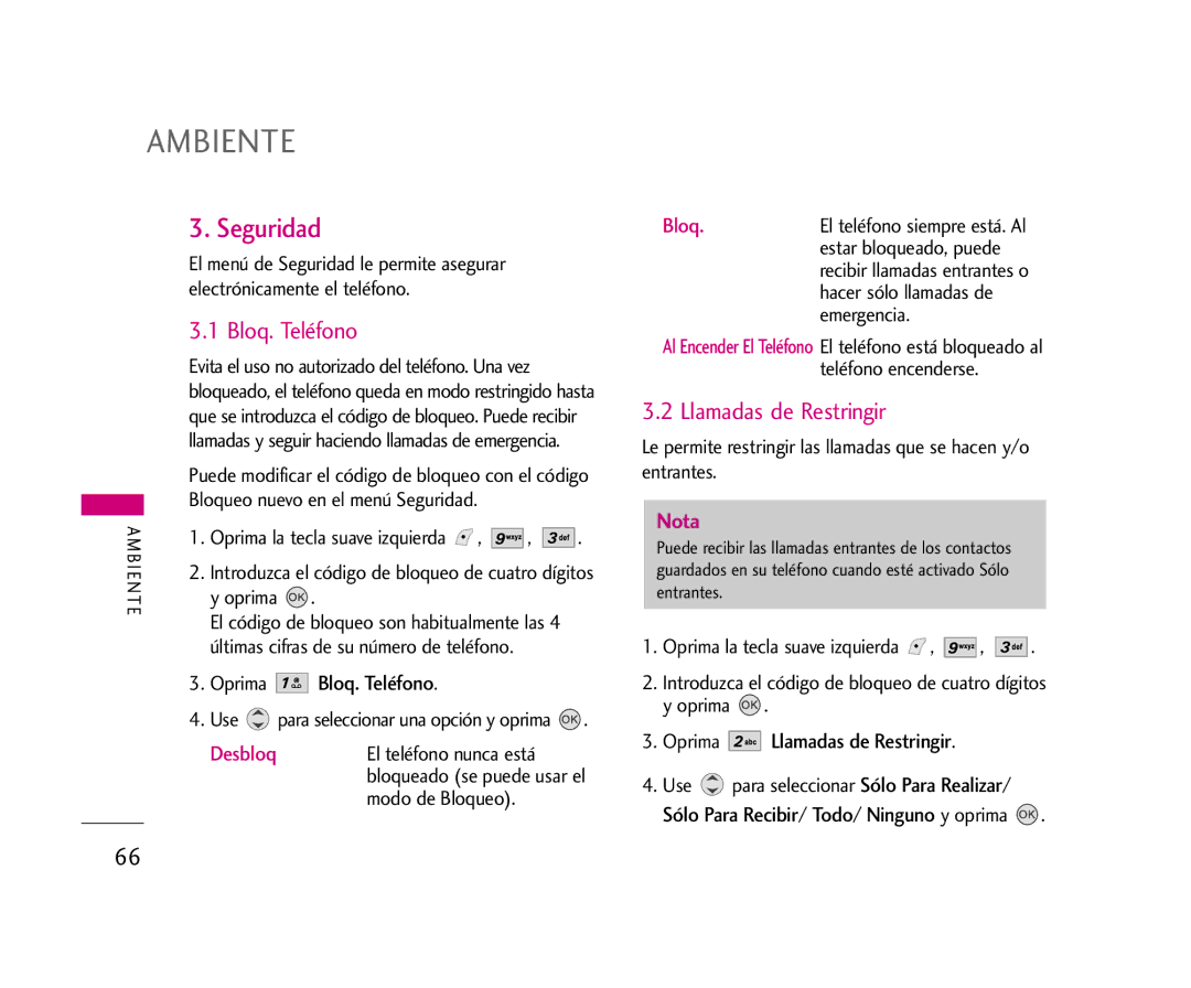 LG Electronics AX245 manual Seguridad, Bloq. Teléfono, Oprima Llamadas de Restringir 