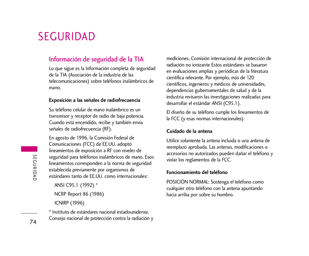 LG Electronics AX245 manual Seguridad, Cuidado de la antena, Funcionamiento del teléfono 