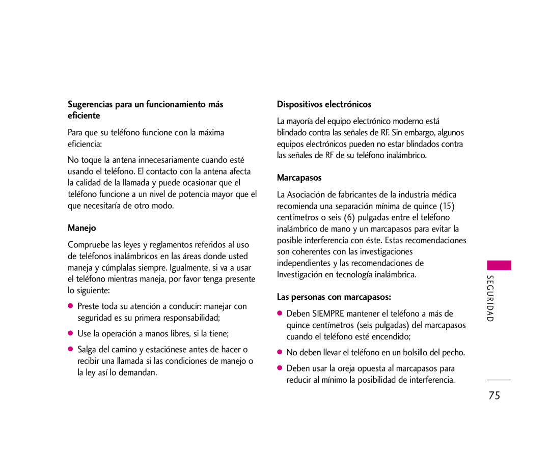 LG Electronics AX245 manual Sugerencias para un funcionamiento más eficiente, Manejo, Dispositivos electrónicos, Marcapasos 